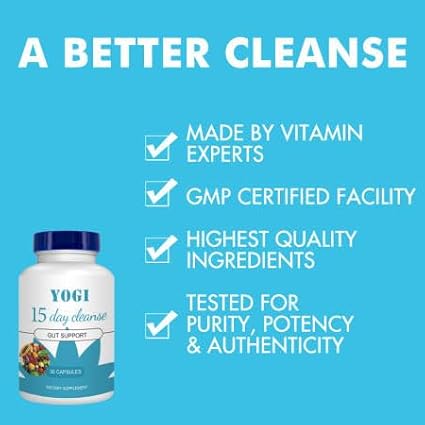 15 Day Cleanse - Gut and Colon Support, Advanced Gut Cleanse Detox with Senna, Cascara Sagrada & Psyllium Husk, 30 Capsules, Yogi, Cleanse capsules, cleanse support, White/Blue