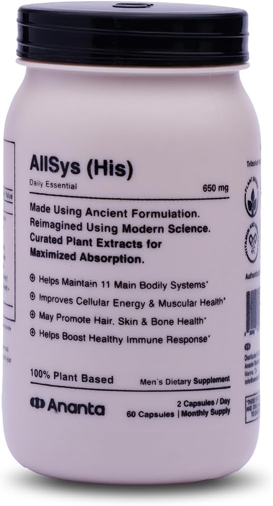 Ananta AllSys His Supplement for Men - Support to Maintain 11 Main Bodily Systems, Help to Promotes Hair, Skin and Bone Health, Helps Boost Immune Support (60 Vegan Capsule)