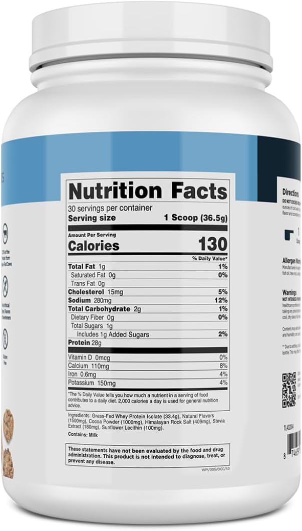 Transparent Labs Grass-Fed Whey Protein Isolate - Natural Flavor, Gluten Free Whey Protein Powder w/ 28g of Protein per Serving & 9 Essential Amino Acids - 30 Servings, Oatmeal Chocolate Chip Cookie