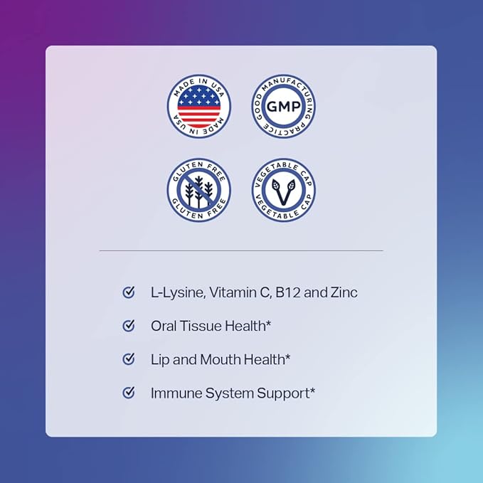 L-Lysine Supplement with Vitamin B12 + C + Zinc for Lip, Mouth, and Oral Tissue Health - Enhanced Wellness Support - Non-GMO, Gluten-Free - Made in USA - 60 Vegetable Capsules, 500mg