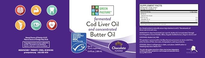 Green Pasture Butter Oil/Fermented Cod Liver Oil Blended Gel - 6.4 oz.- Vitamin A & D- EPA - DHA - Omega Fatty Acids (Chocolate)