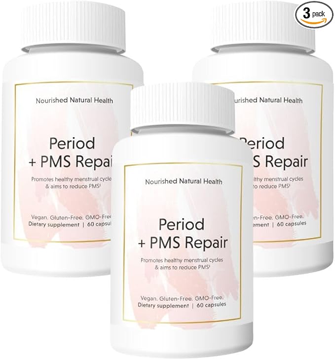 Nourished Period + PMS Repair - Menstrual Cycle Support Supplement for Women - Vegan Formula for Monthly Cycles, Cramping, Mood, Headaches - 3 Bottles