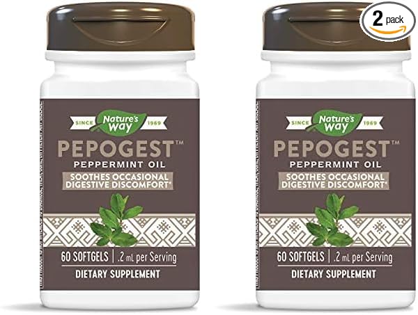 Nature's Way Pepogest Peppermint Oil, Soothes Occasional Gastrointestinal Discomfort*, 60 Softgels (Pack of 2)