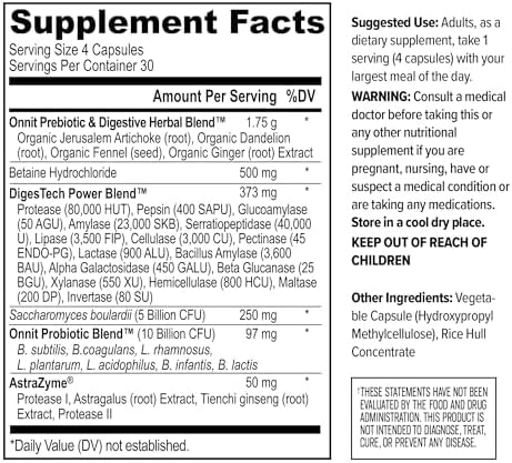ONNIT Total Gut Health - Complete Daily Probiotics & Digestive Enzyme Supplement for Women & Men - 5 Strains of Probiotics, Prebiotics, Enzymes, Betaine HCL - Capsules - (120ct)