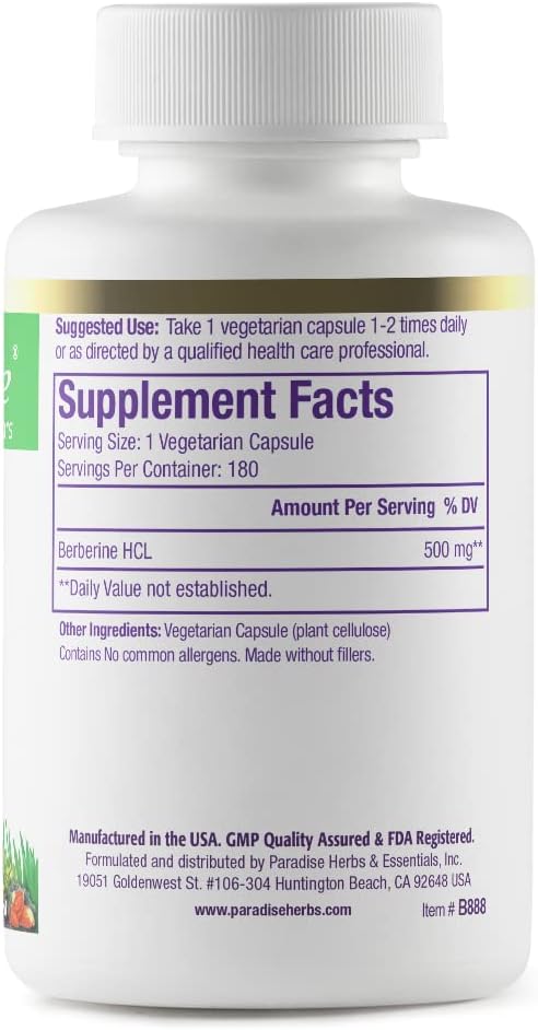 Paradise Herbs, Berberine Extract, 500 mg, Pure & Potent Berberine Supplement, Vegan, Non GMO, Gluten Free, 180