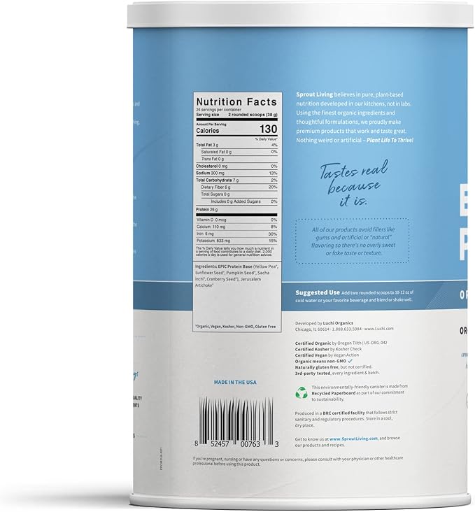 Sprout Living Plant Based Protein & Superfoods Powder, Original, Unflavored | Organic Protein Powder, Vegan, Non Dairy, Non-GMO, Gluten Free, Sugar Free, Perfect Keto Drink Mix (2 lb)