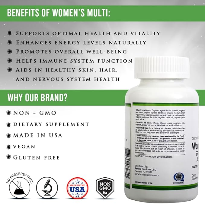 Women's Multivitamin with Vitamins A, C, D, E, B-6 and B-12 for Daily Nutritional Support Non-GMO & Gluten Free - 60 Count