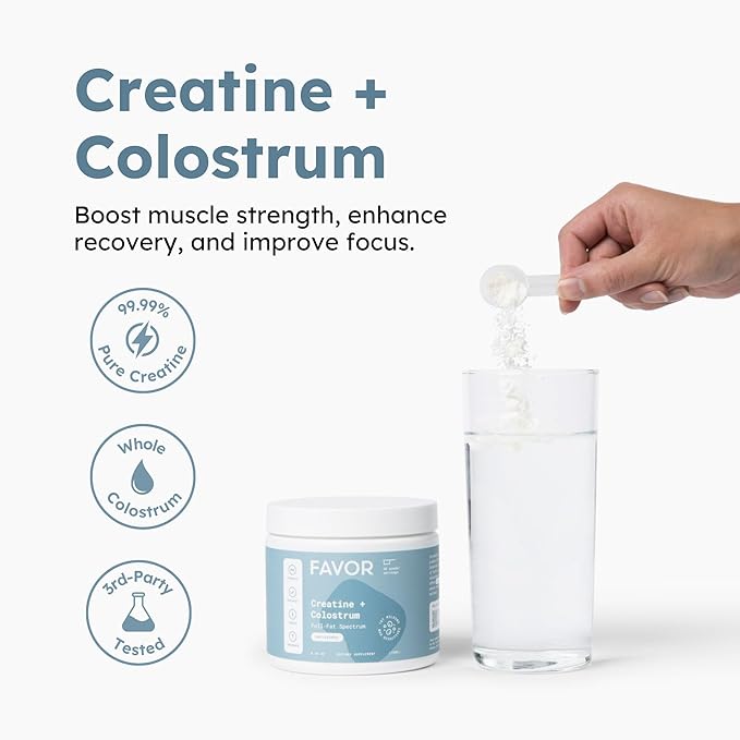 Favor Creatine and Bovine Colostrum Powder - Creatine Monohydrate Cow Colostrum Supplement, High Immunoglobulin IgG, Strength, Muscle Recovery and Gut Health for Men and Women, 45 Servings, Unflavored