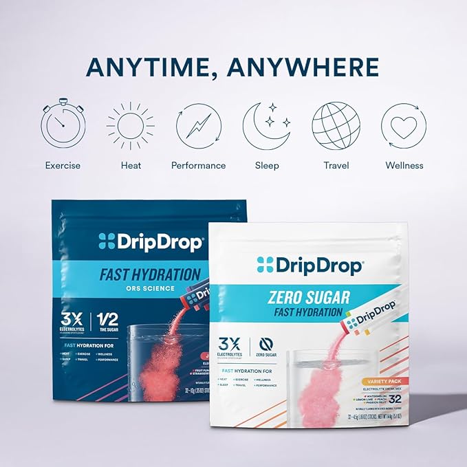 DripDrop Hydration - Zero Sugar Lemon Lime - Electrolyte Drink Mix Single Serve Hydration Powder Packets | Non-GMO, Gluten Free, Vegan | 32 Sticks