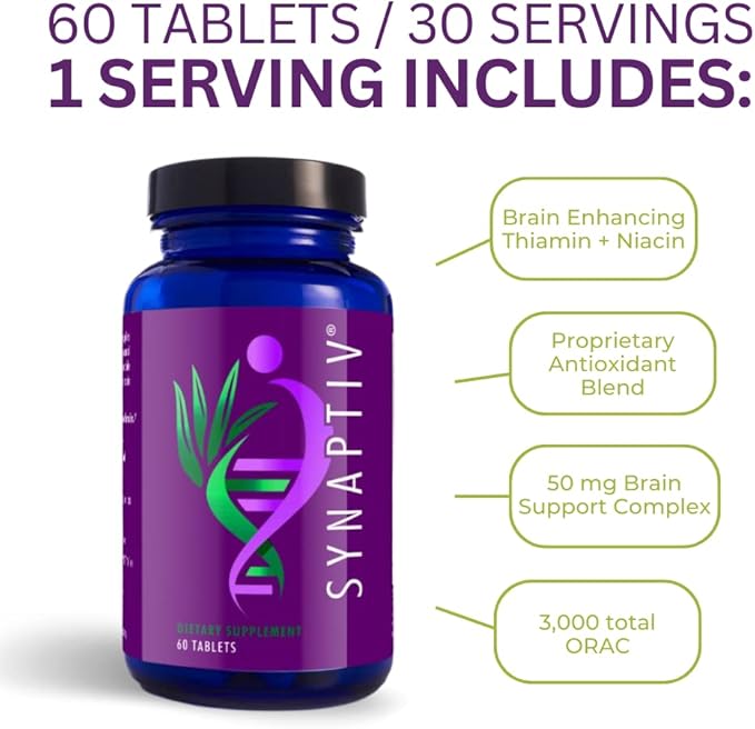 Youngevity Synaptiv™ Brain Support - 12 in1 - Ginkgo, Huperzine, Bacopa, Quercetin and More - with Potent Antioxidant Blend + Vitamins - 60 Count (Pack of 2)