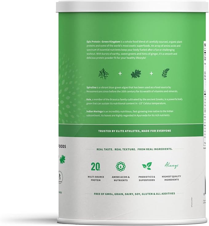 Sprout Living Epic Protein, Plant Based Protein & Superfoods Powder, Green Kingdom | 20 Grams Organic Protein Powder, Greens, Vegan, Non Dairy, Non-GMO, Gluten Free, Low Sugar (2 Pound, 24 Servings)
