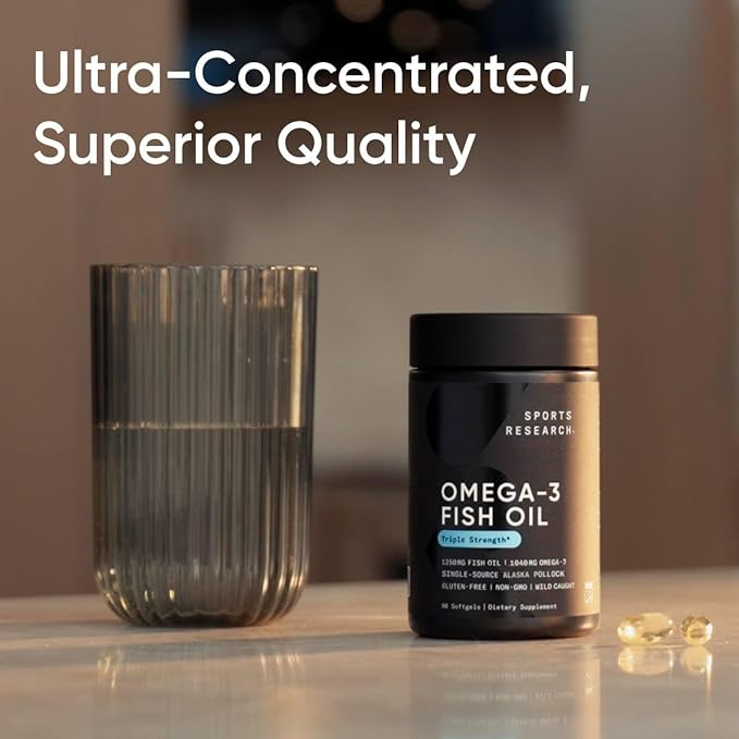 Sports Research Triple Strength Omega 3 Fish Oil 1250mg from Wild Alaska Pollock - Burpless Fish Oil Supplement with Omega3s EPA & DHA - Sustainably Sourced, Non-GMO, Gluten Free - 30 Softgels