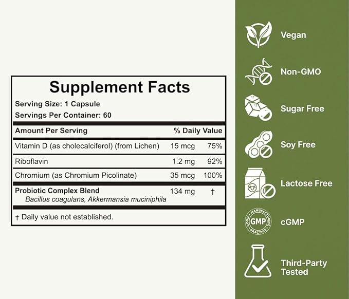 Akkermansia Probiotic for Healthy Weight - Naturally Increases GLP-1-60 Day Supply - Contains Bacillus Coagulans, Vitamins B2, D3 & Chromium - SIBO Friendly, Vegan & Gluten Free