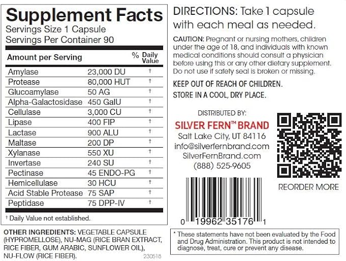 Silver Fern Brand Ultimate Digestive Enzyme Supplement - 1 Bottle = 90 Capsules - High Potency, Multi Enzyme - Digestive Comfort & Food Tolerance - Hemicullulase, Peptidase, Maltase, More