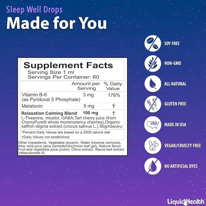 LIQUIDHEALTH Sleep Well Natural Sleep Aid Melatonin Drops - Better Sleep & Mood, Relax & Calm Mind, Fall Asleep Faster Stay Asleep Longer - Vegan, Sugar Free, Drug Free, Non-GMO, Great Taste (2 oz)