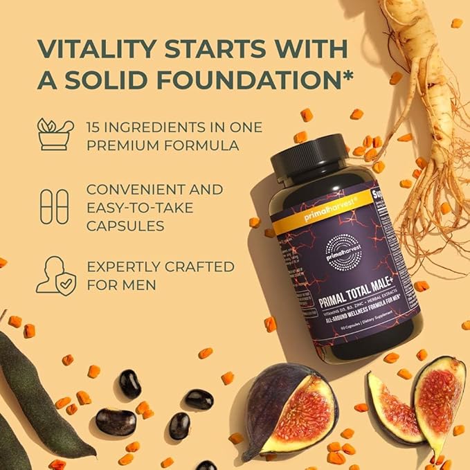 Primal Harvest 2 Pack, Primal Total Male Natural Tribulus Terrestris, Fenugreek, Korean Ginseng, Maca Root Horny Goat Weed for Men Booster, Max Boost 90 Capsules