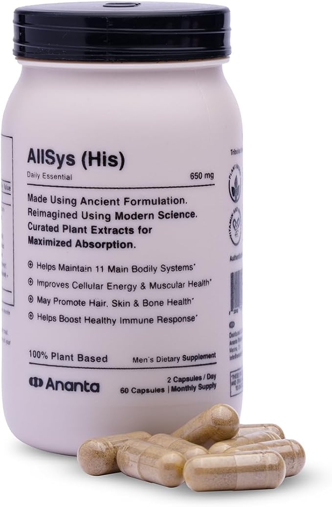 Ananta AllSys His Supplement for Men - Support to Maintain 11 Main Bodily Systems, Help to Promotes Hair, Skin and Bone Health, Helps Boost Immune Support (60 Vegan Capsule)