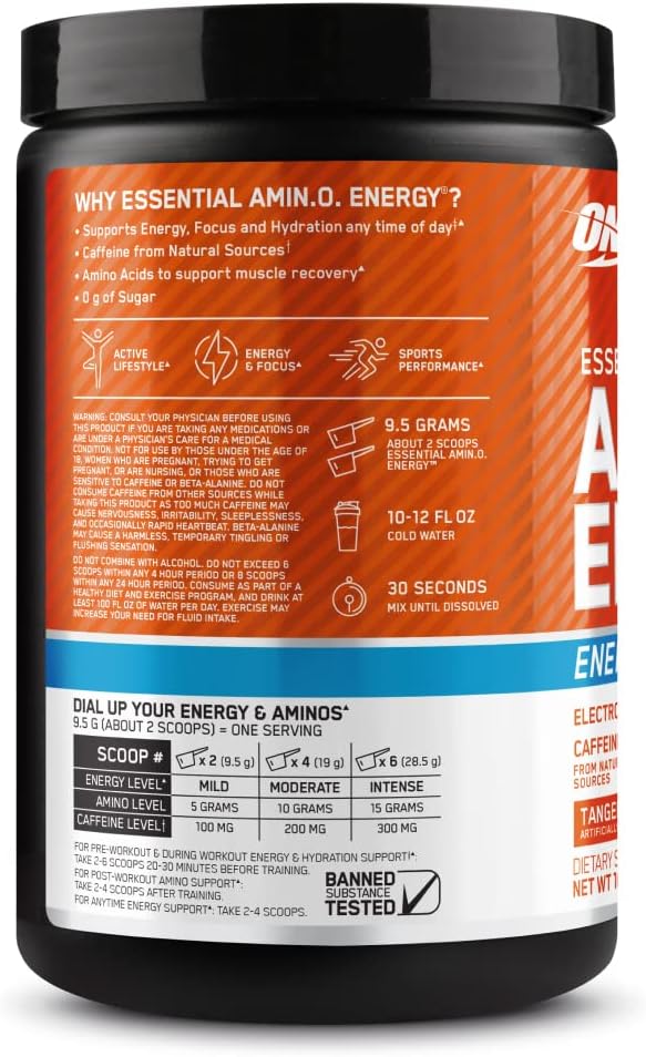 Optimum Nutrition Amino Energy Powder Plus Hydration, with BCAA, Electrolytes, and Caffeine, Tangerine Wave, 30 Servings (Packaging May Vary)