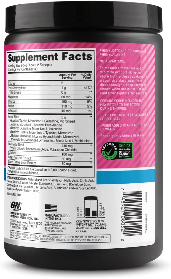 Optimum Nutrition Amino Energy Powder Plus Hydration, with BCAA, Electrolytes, and Caffeine, Watermelon Splash, 30 Servings (Packaging May Vary)
