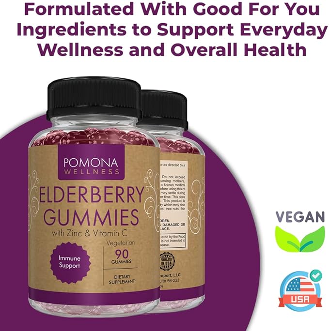 Pomona Wellness Elderberry Gummies with Zinc and Vitamin C for Immune Support 3-1 Chewable Black Elderberry Gummy Supplement for Kids and Adults, Vegan, 90 Gummies