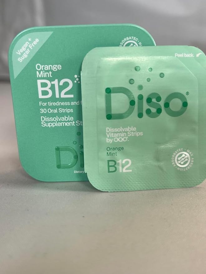 DISO - Vitamin B12 - Dissolvable Oral Strips, for Tiredness and Fatigue, Orange Mint Flavor, Vegan, Sugar Free, Maximum Absorption, Gluten Free, Individually Wrapped, 30 Count