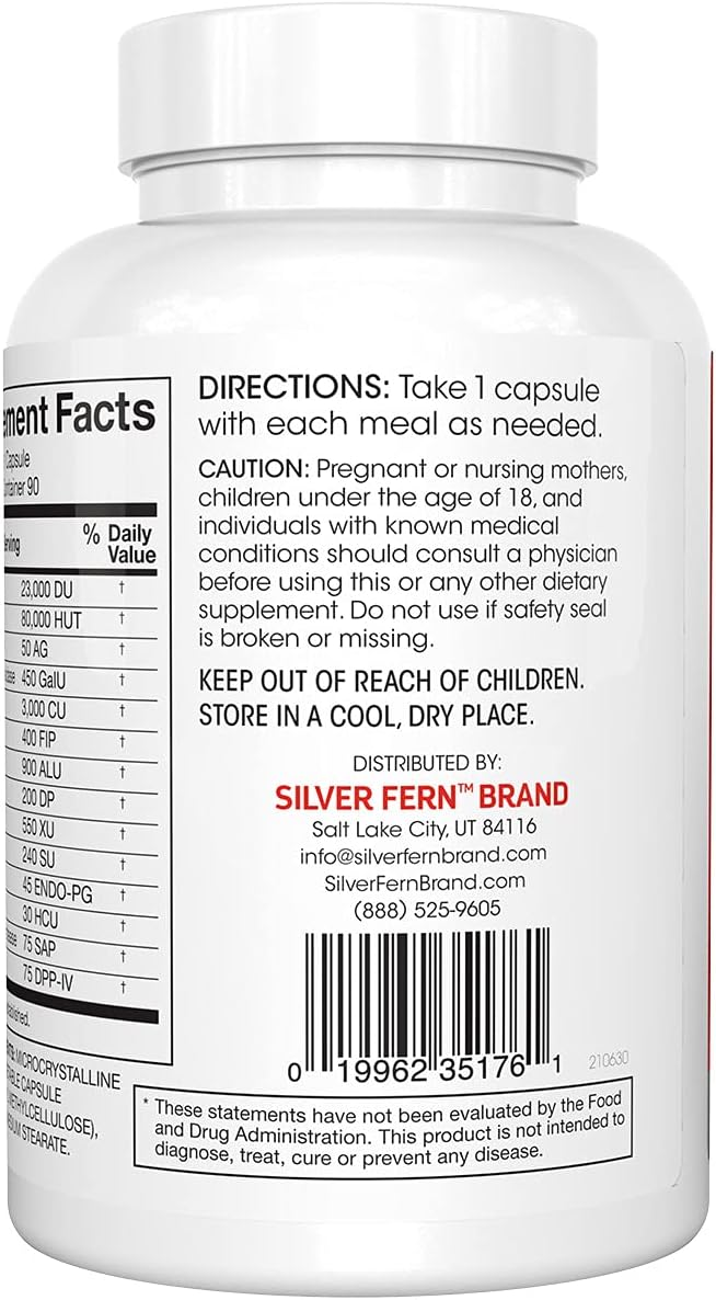 Silver Fern Brand Ultimate Digestive Enzyme Supplement - 1 Bottle = 90 Capsules - High Potency, Multi Enzyme - Digestive Comfort & Food Tolerance - Hemicullulase, Peptidase, Maltase, More