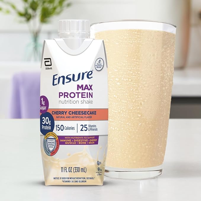 Ensure Max Protein Nutrition Shake, with 30g of Protein, 1g of Sugar, High Protein Shake, Cherry Cheesecake, 11 fl oz, (Pack of 12)