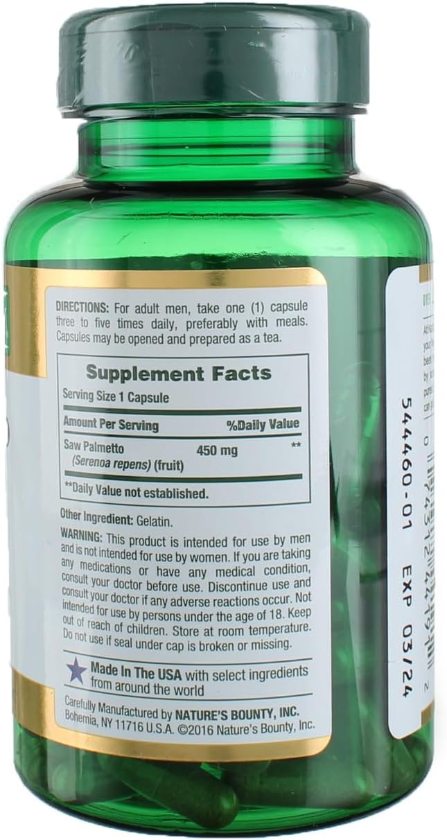Nature's Bounty Saw Palmetto, Herbal Health Supplement, Prostate and Urinary Health, 450 mg, 100 Capsules
