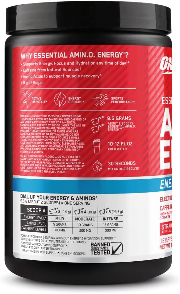 Optimum Nutrition Amino Energy Powder Plus Hydration, with BCAA, Electrolytes, and Caffeine, Strawberry Burst, 30 Servings (Packaging May Vary)