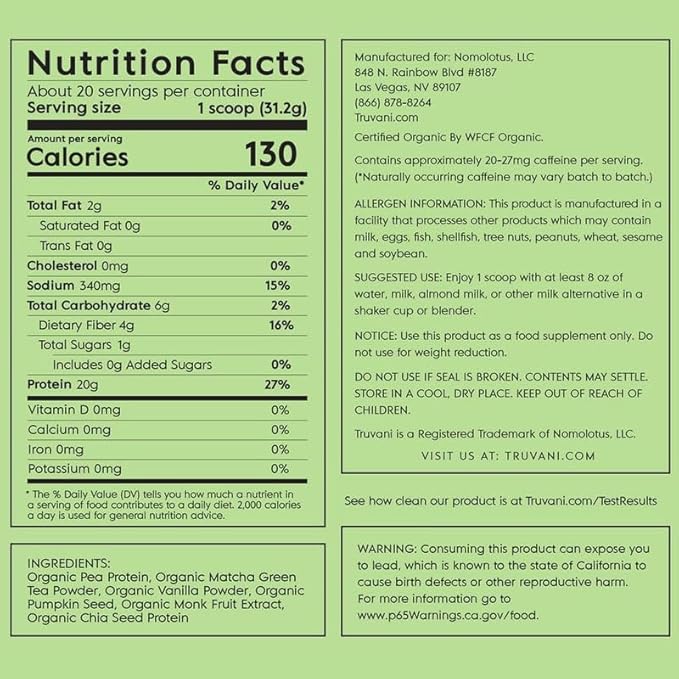 Truvani Vegan Pea Protein Powder | Matcha | 20g Organic Plant Based Protein | 20 Servings | Keto | Gluten & Dairy Free | Low Carb | No Added Sugar