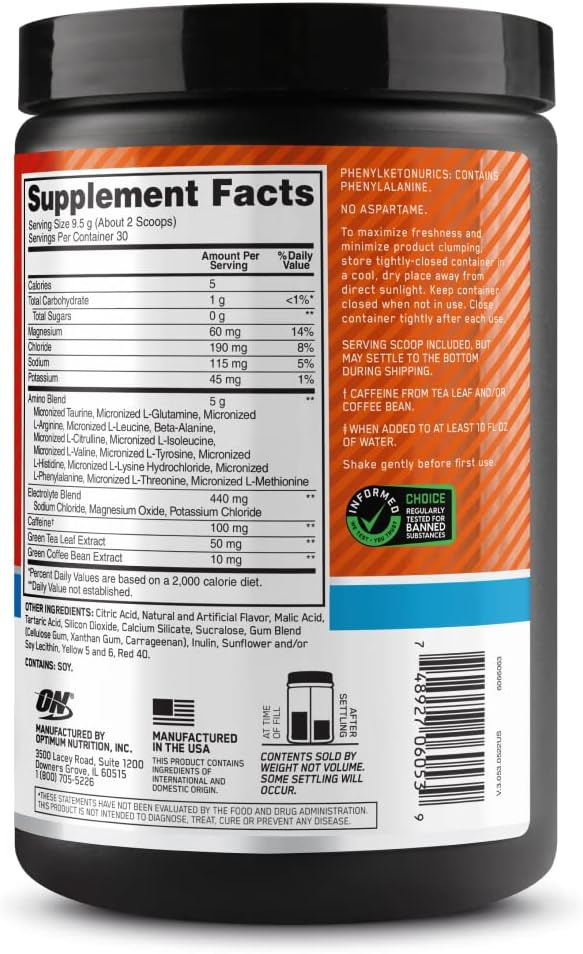 Optimum Nutrition Amino Energy Powder Plus Hydration, with BCAA, Electrolytes, and Caffeine, Tangerine Wave, 30 Servings (Packaging May Vary)