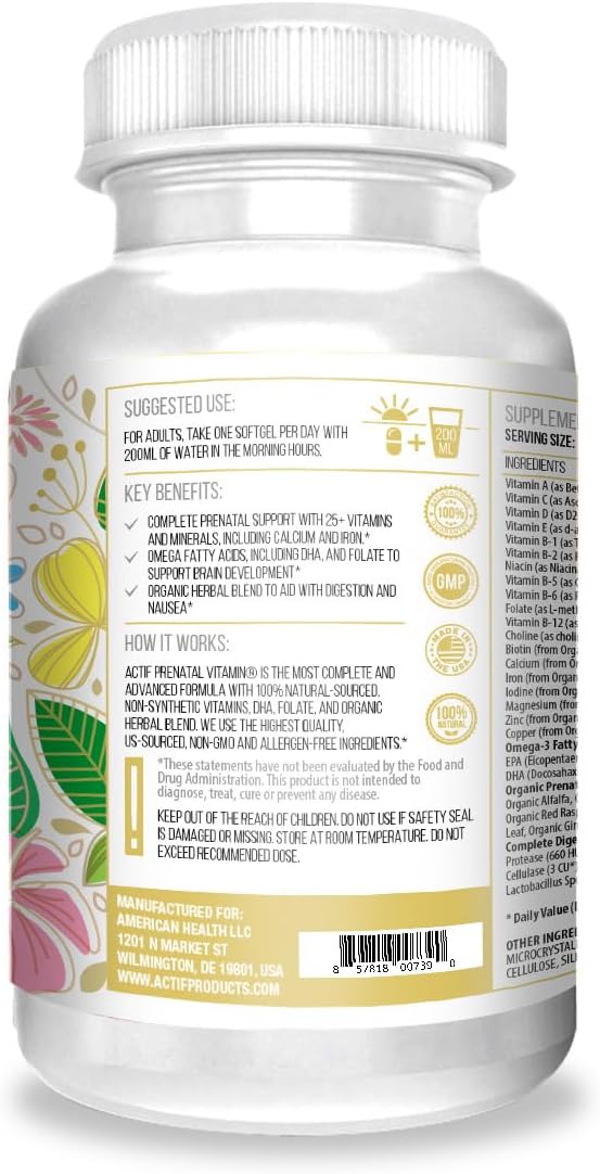 ACTIF Organic Prenatal Vitamin with 30+ Organic Vitamins, 100% Natural, DHA, EPA, Omega 3, and Organic Herbal Blend - Non-GMO, 90 Count, 2024 Formula