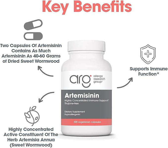 Allergy Research Group Artemisinin Supplement - GI Tract Support, Pure Qinghaosu from Artemisia annua, Thujone-Free, Hypoallergenic, Vegetarian Capsules - 300 Count
