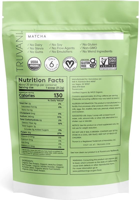 Truvani Vegan Pea Protein Powder | Matcha | 20g Organic Plant Based Protein | 20 Servings | Keto | Gluten & Dairy Free | Low Carb | No Added Sugar