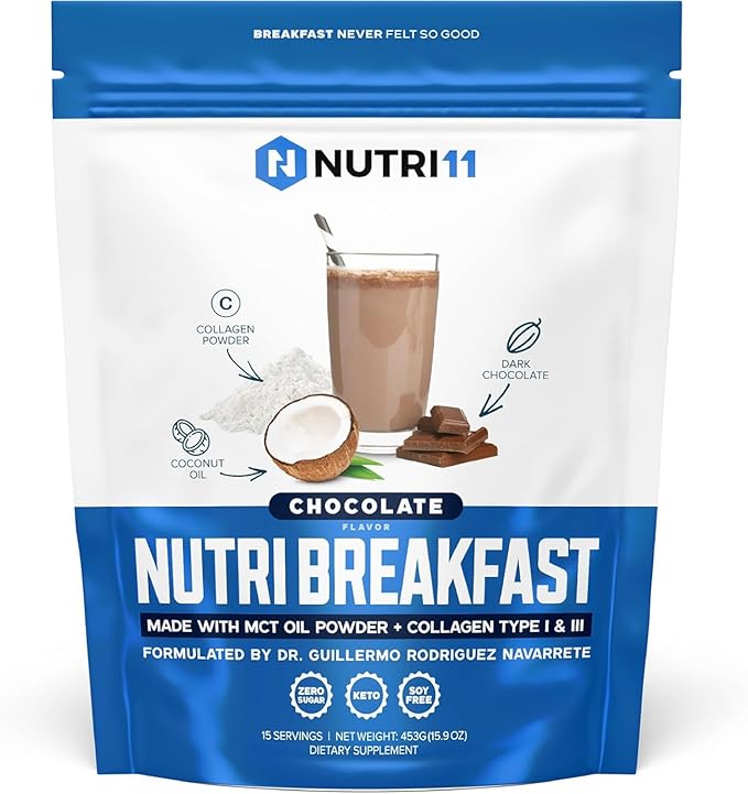 NutriBreakfast by Nutrillermo/Keto Protein Chocolate Collagen Powder with MCT Oil/MCT Oil Powder with Collagen/Keto Collagen Peptides Powder with Grass-Fed Bovine Collagen Type I & III-15 Servings