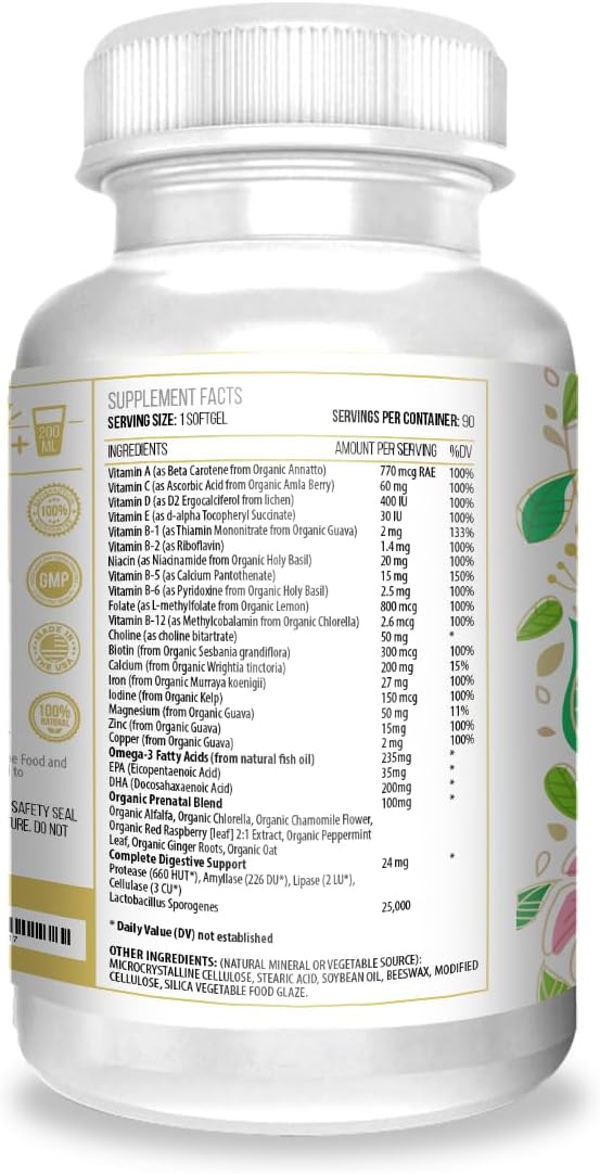 ACTIF Organic Prenatal Vitamin with 30+ Organic Vitamins, 100% Natural, DHA, EPA, Omega 3, and Organic Herbal Blend - Non-GMO, 90 Count, 2024 Formula