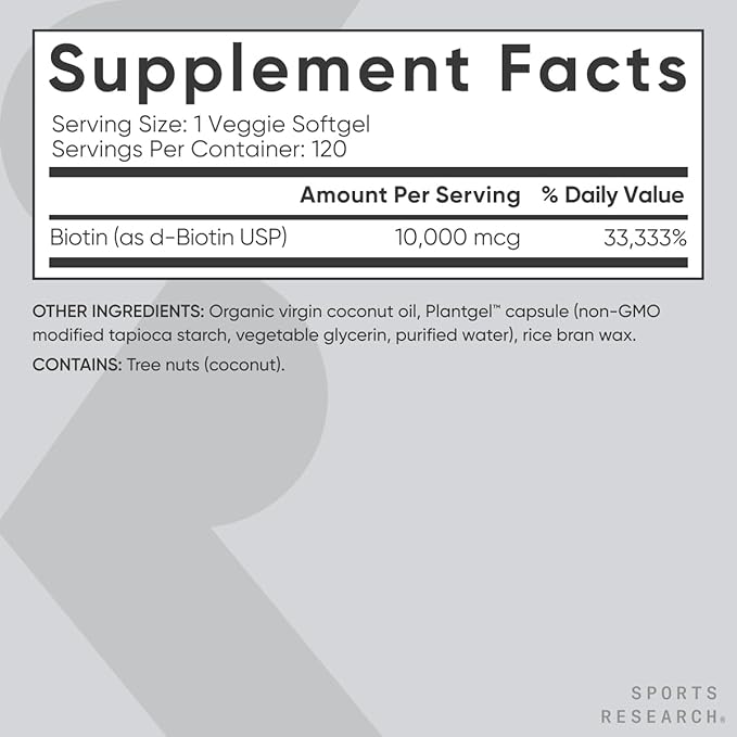 Sports Research Vegan Biotin 10,000mcg with Coconut Oil - Max Strength Biotin Vitamin B7 for Skin and Keratin Support - Non-GMO & Gluten Free, 120 Softgels (4 Month Supply)