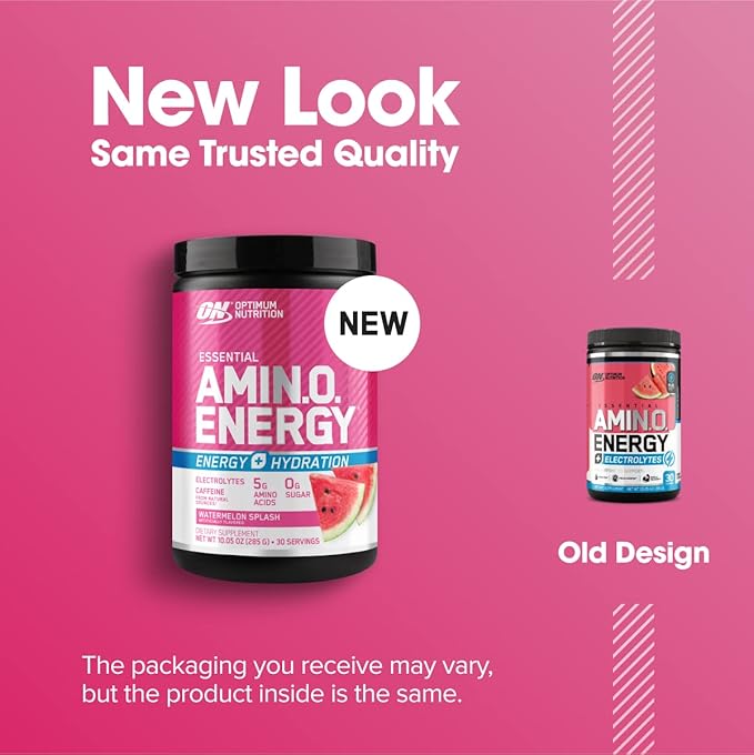 Optimum Nutrition Amino Energy Powder Plus Hydration, with BCAA, Electrolytes, and Caffeine, Watermelon Splash, 30 Servings (Packaging May Vary)