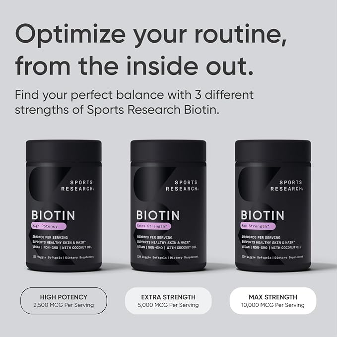 Sports Research Vegan Biotin 10,000mcg with Organic Coconut Oil - Max Strength Biotin Vitamin B7 for Healthier Hair & Skin and Keratin Support - Non-GMO & Gluten Free, 30 Softgels