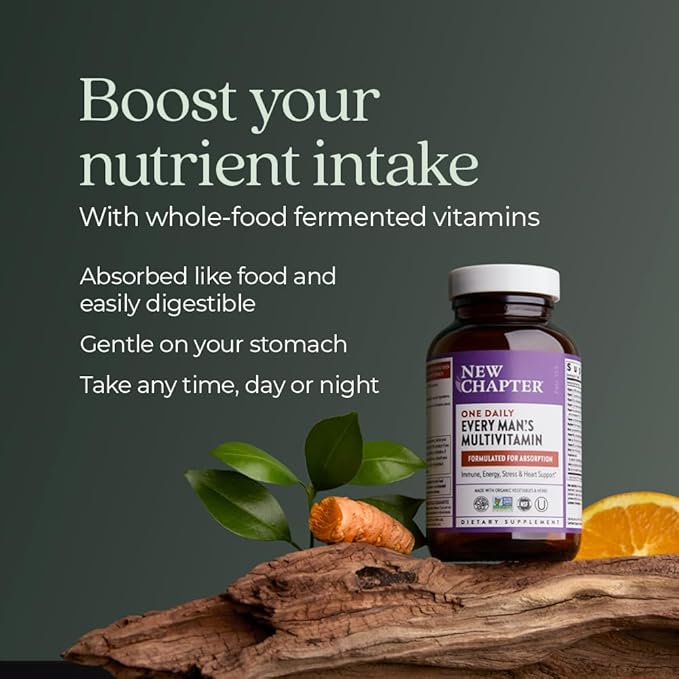 New Chapter Men's Multivitamin for Immune, Stress, Heart + Energy Support with Fermented Nutrients - Every Man's One Daily, Made with Organic Vegetables & Herbs, Non-GMO, Gluten Free - 72 ct
