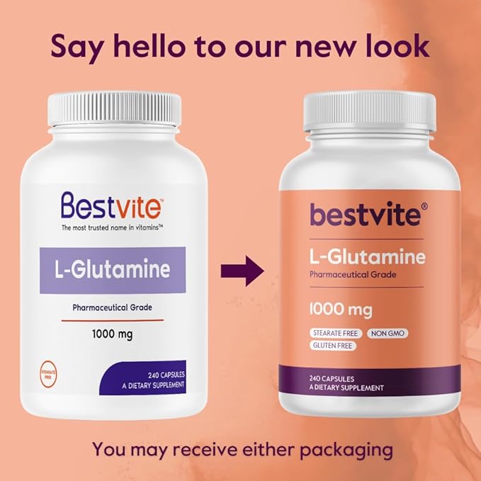 BESTVITE L-Glutamine 1000mg per Capsule (240 Capsules) - Free Form - No Stearates - No Fillers - Gluten Free - Non GMO - Pure L Glutamine Supplement - Maximum Strength Glutamine Capsules