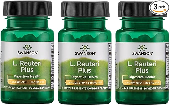 Swanson L. Reuteri Probiotic Plus w/L. Rhamnosus L. Acidophilus & FOS Prebiotic Digestive Support - Promotes Gut Health w/ 7 Billion CFU per Capsule - (30 Veggie Capsules) 3 Pack
