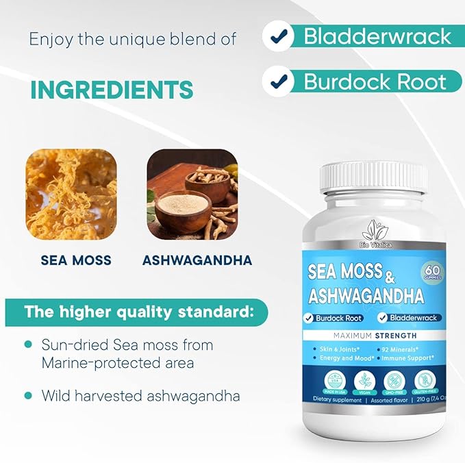 BIO VITALICA Sea Moss Ashwagandha Gummies - Organic Irish Seamoss & Ashwa Root Powder Supplements for Supporting Energy & Immunity for Men and Women