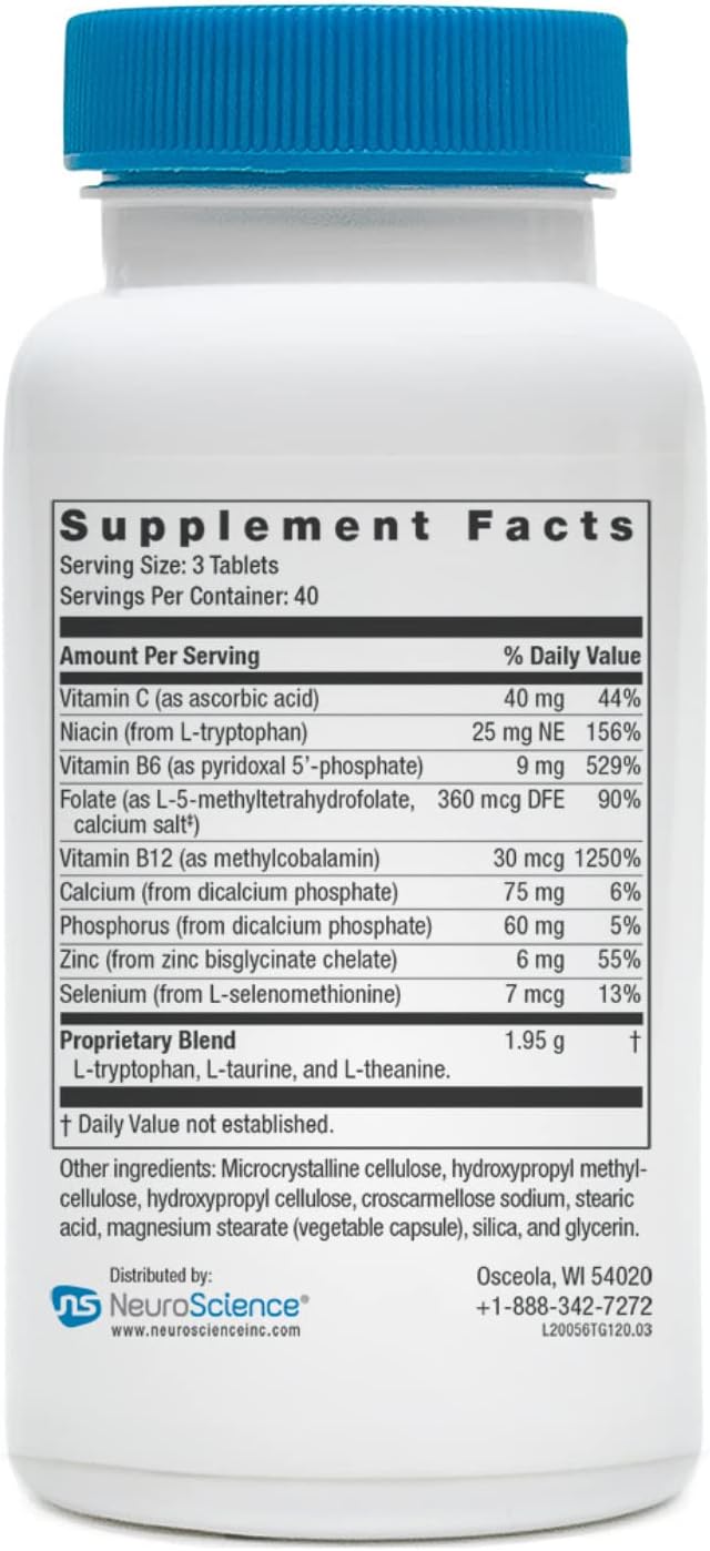NeuroScience Calm Aid & Mood Support Supplement - TravaGen - with L Tryptophan, L Theanine & Vitamin B12 Complex - Serotonin & GABA Neurotransmitter Supplement (120 Capsules)