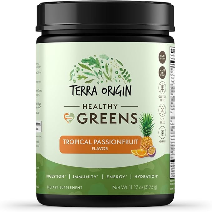 TERRA ORIGIN Healthy Greens Powder, Superfoods, Probiotics, Enzymes, Immune & Digestive Support, Energy & Wellness Boost, Gut Health, 30 Servings (1-Pack, Tropical Passionfruit)