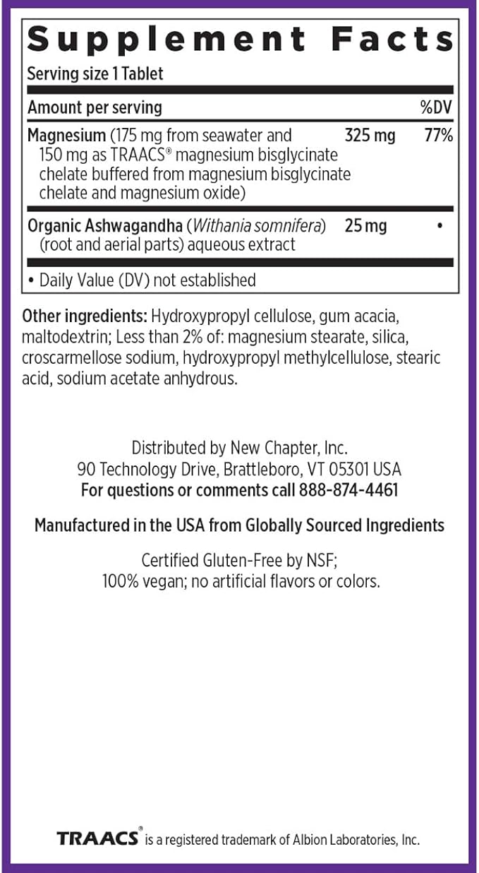 New Chapter Magnesium + Ashwagandha Supplement, 325 mg with Magnesium Glycinate, 2.5x Absorption, Muscle Recovery, Heart & Bone Health, Calm & Relaxation, Gluten Free, Non-GMO - 90 ct (3 Month Supply)