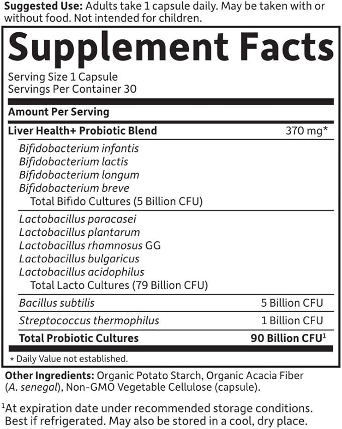 Garden of Life Dr. Formulated Probiotics Platinum Series Liver Health+ 90 Billion CFU Guaranteed, One a Day Probiotic for Healthy Detoxification & Elimination Support, Vegan, Gluten Free, 30 Capsules