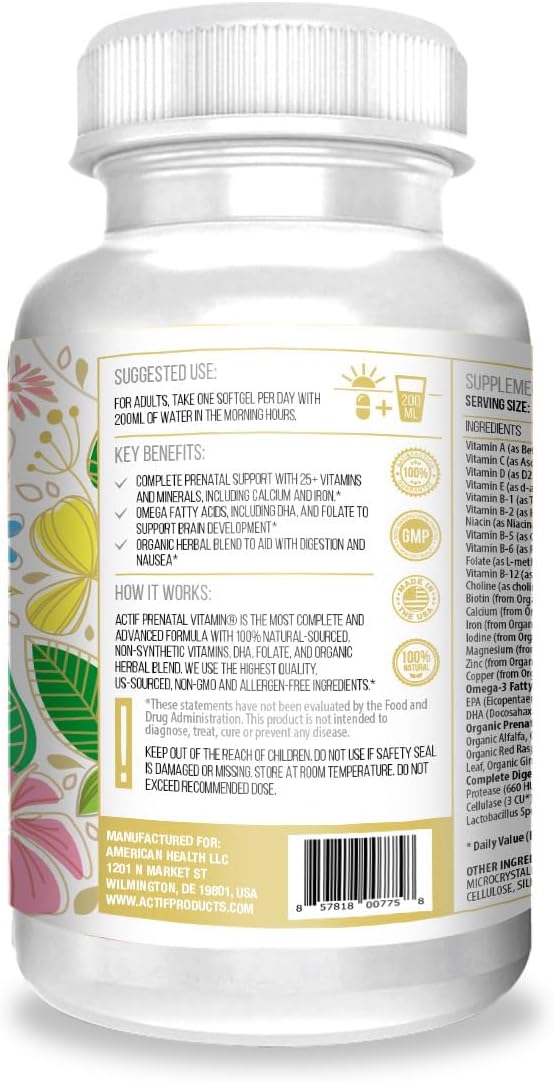 ACTIF Organic Prenatal Vitamin with 20+ Vitamins, Omega-3, DHA, Organic Herbs, Non-GMO, Made in USA, 90 Count