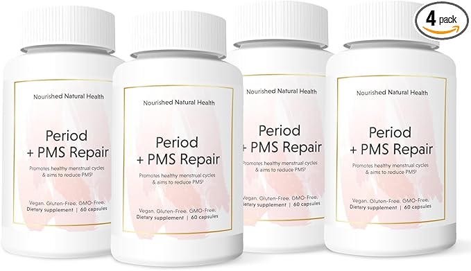 Nourished Period + PMS Repair - Menstrual Cycle Support Supplement for Women - Vegan Formula for Monthly Cycles, Cramping, Mood, Headaches - 4 Bottles