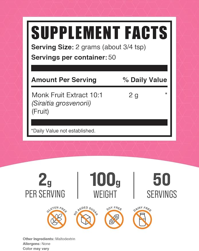 BulkSupplements.com Monk Fruit Extract Powder - Luo Han Guo Monk Fruit, Monk Fruit without Erythritol, Monk Fruit Powder - Pure Monk Fruit, Gluten Free, 2g per Serving, 100g (3.5 oz)